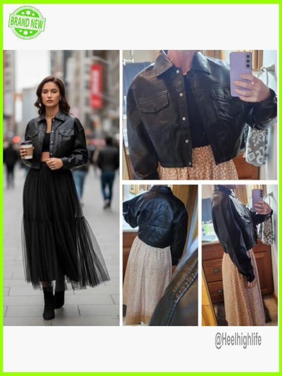 Faux Leather Cropped Moto Jacket, Long Sleeve Button Closure, Point Collar - Picture 5 of 7